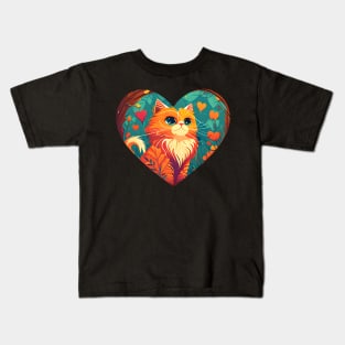 Bright Eyed Orange Kitty With Heart Filled Flowers - Love Cats Kids T-Shirt